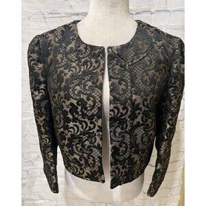 Ann Taylor Loft Womens Cropped Blazer Open Front 3/4 Sleeve Black/Tan Size 14